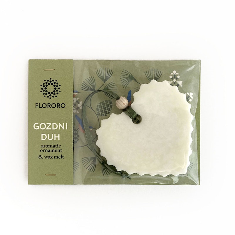 Naravni izdelek Flororo dišeči vosek za aromaterapijo in okrasek z naravnimi eteričnimi olji Gozdni duh v zeleni embalaži z vzorcem