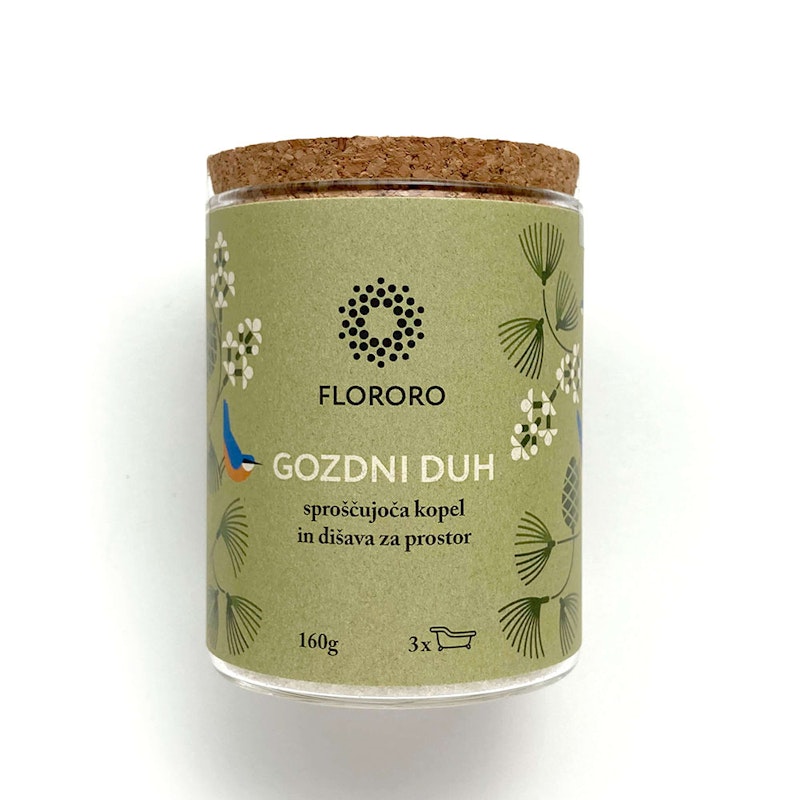 Flororo Gozdni duh kopalna sol z naravnimi eteričnimi olji za aromaterapijo in spa doma v steklenem kozarcu z zelenim vzorcem