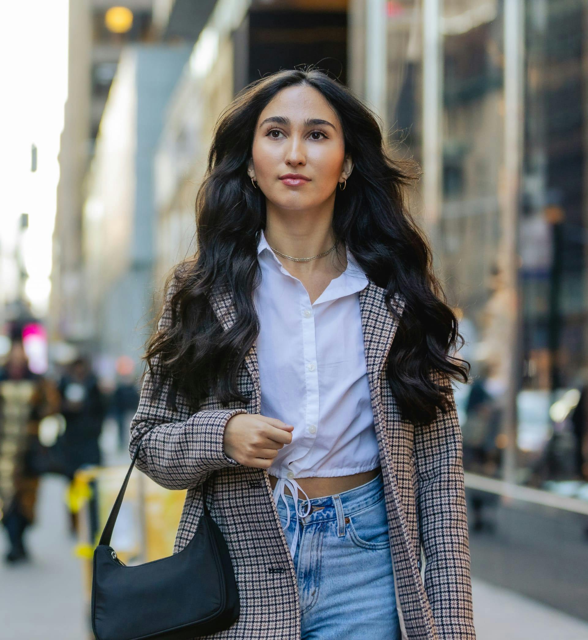 Woman walking downtown