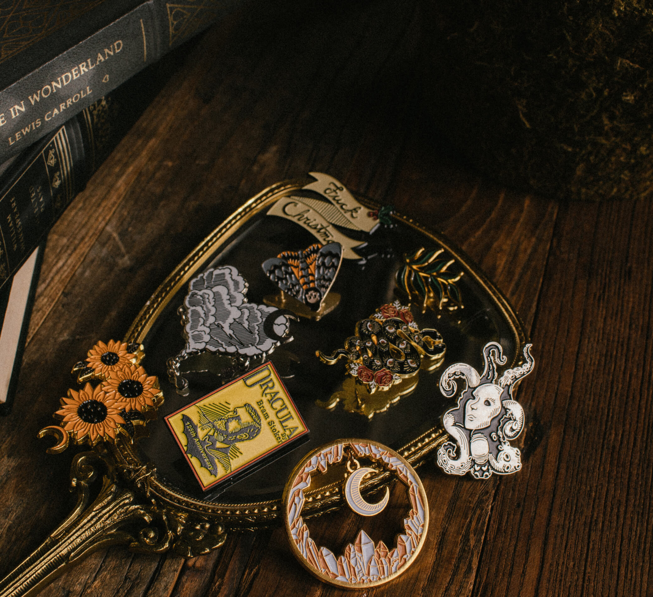 Gold and silver enamel pin brooches for women's fashion accessories.