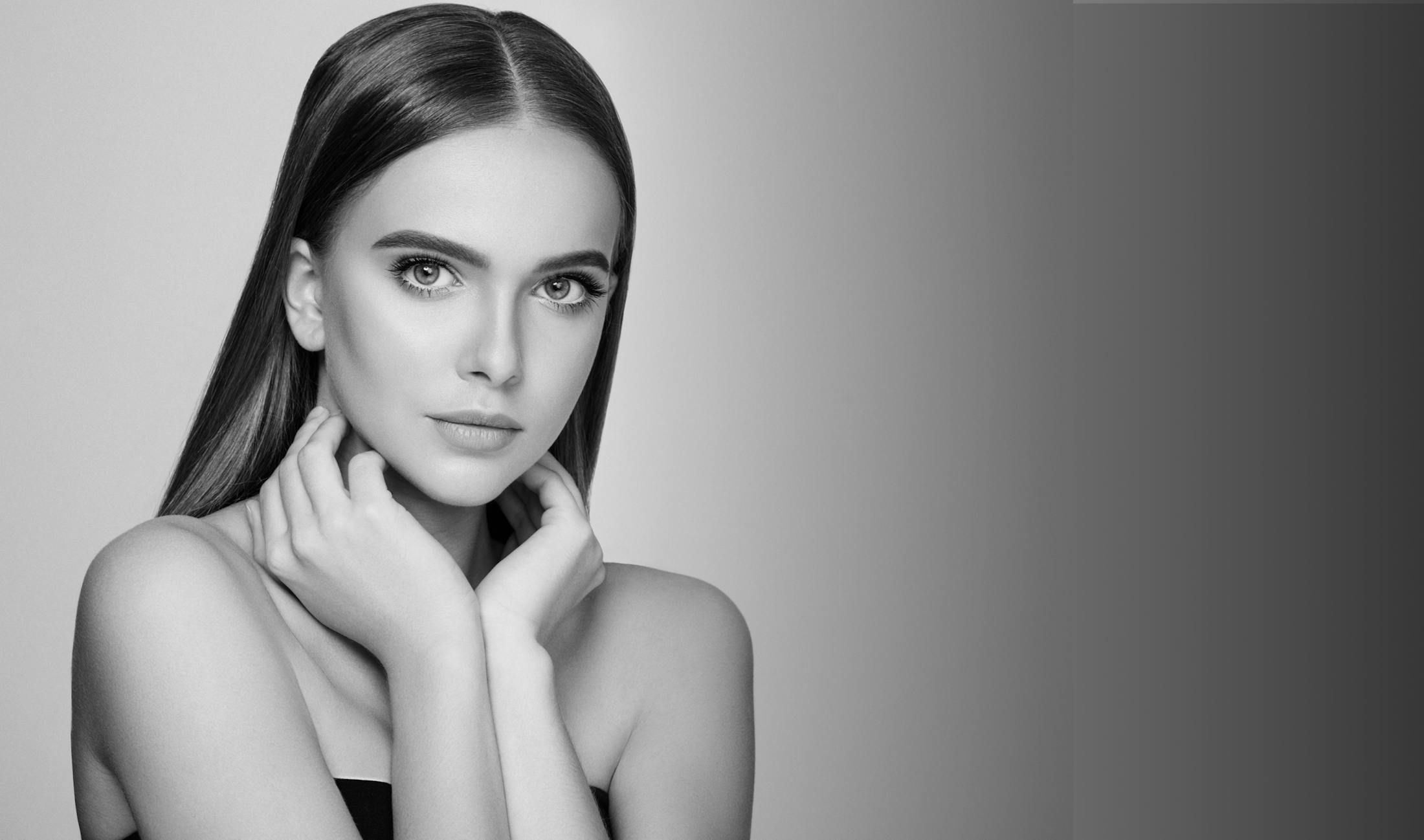 Black and white photo of a woman looking straight ahead