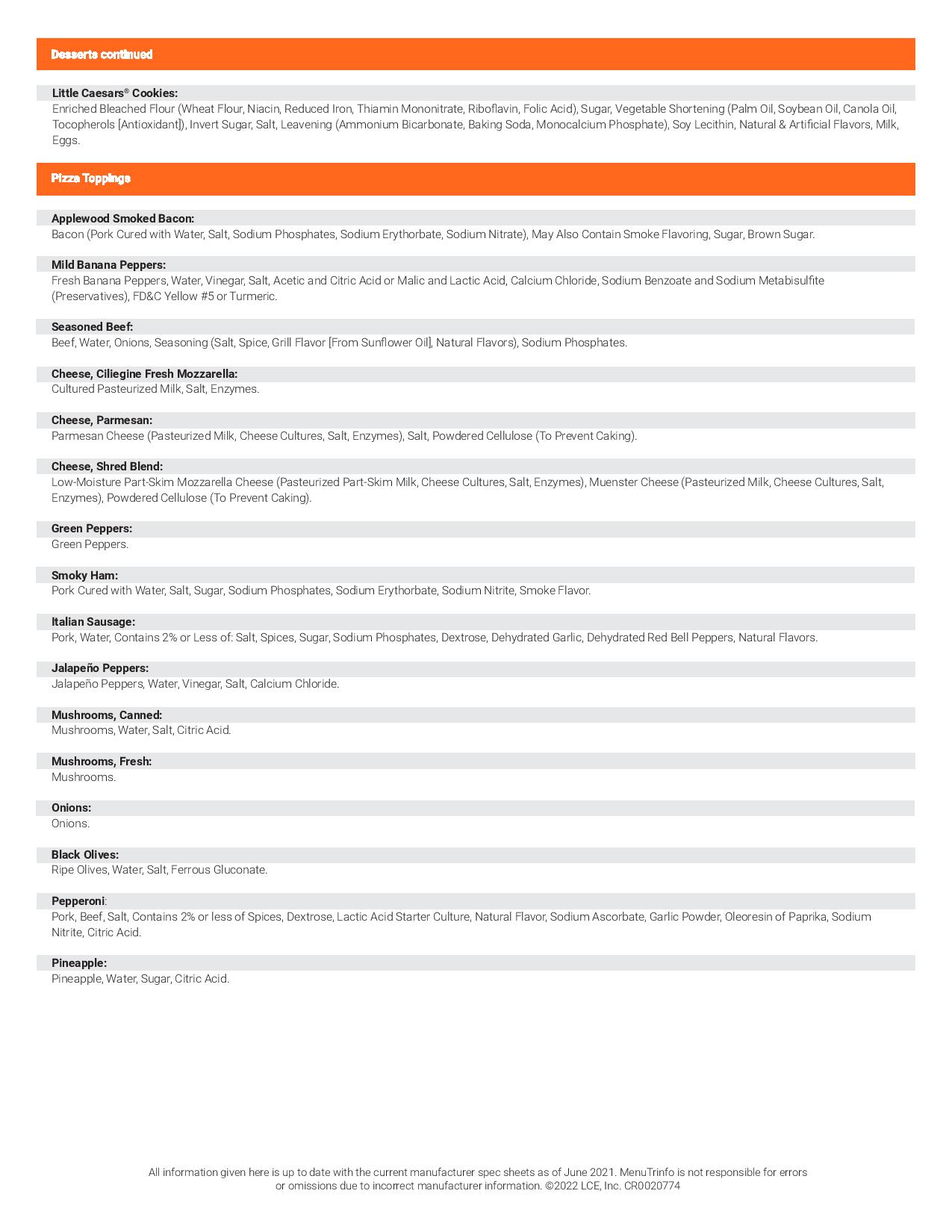 Little Caesars Nutrition Chart