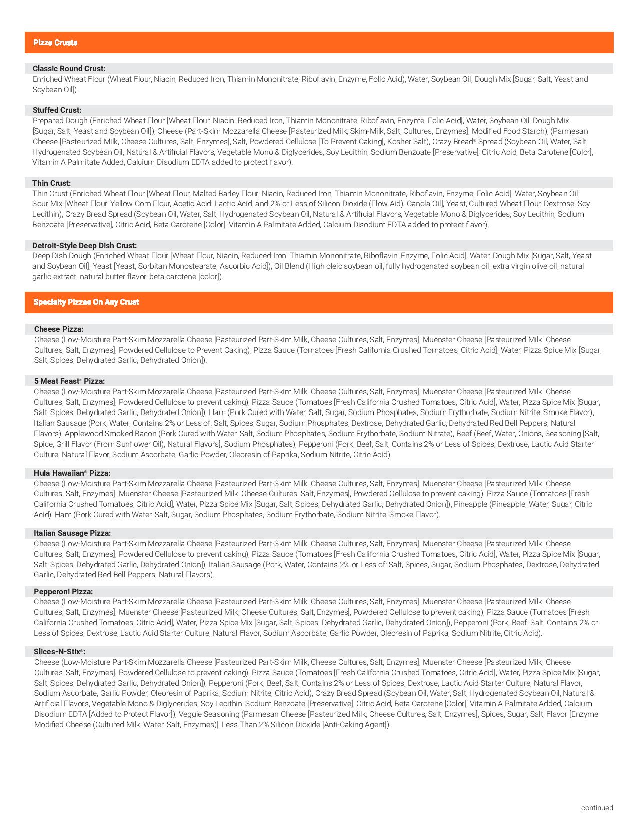 Little Caesars nutrition, allergen and ingredient guide page 4