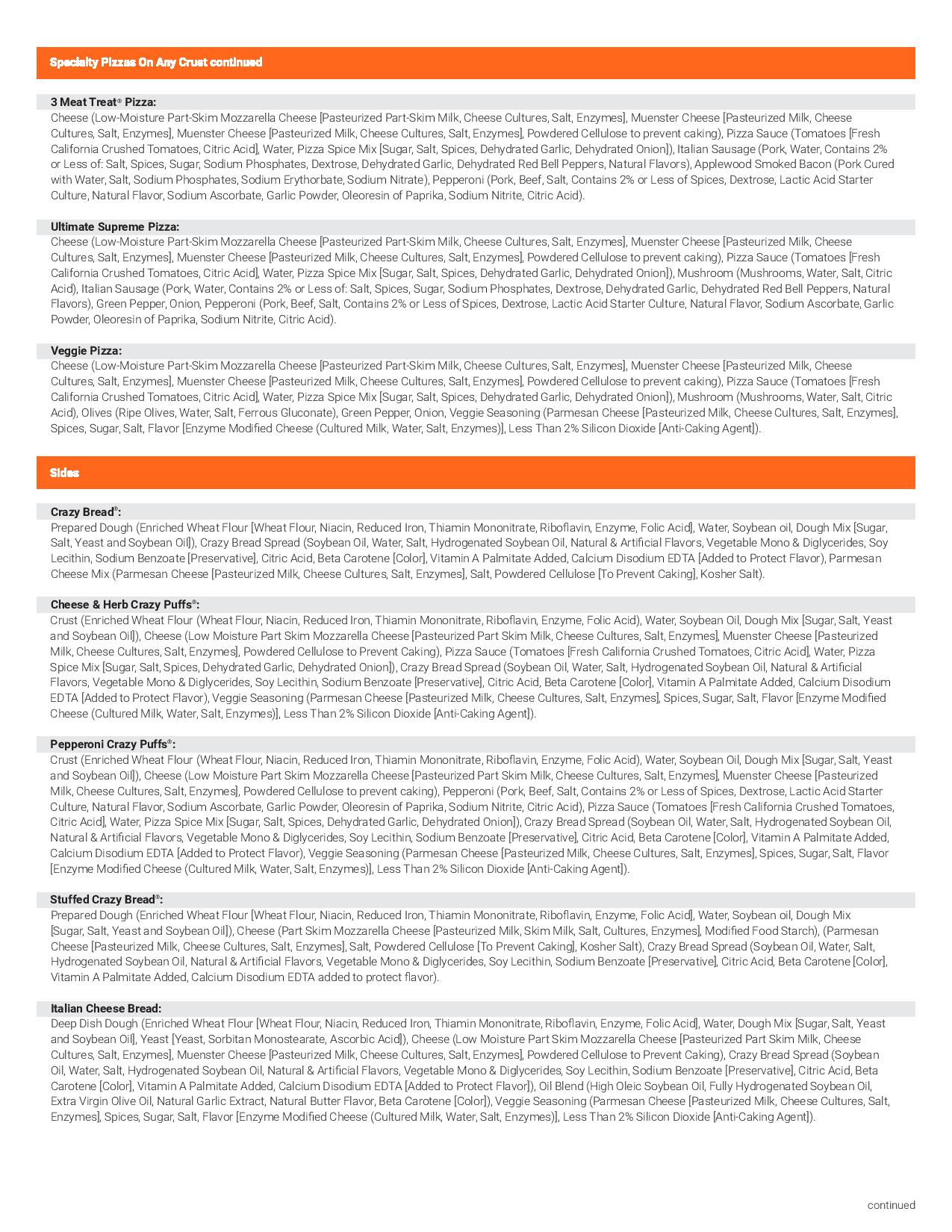 Little Caesars nutrition, allergen and ingredient guide page 5