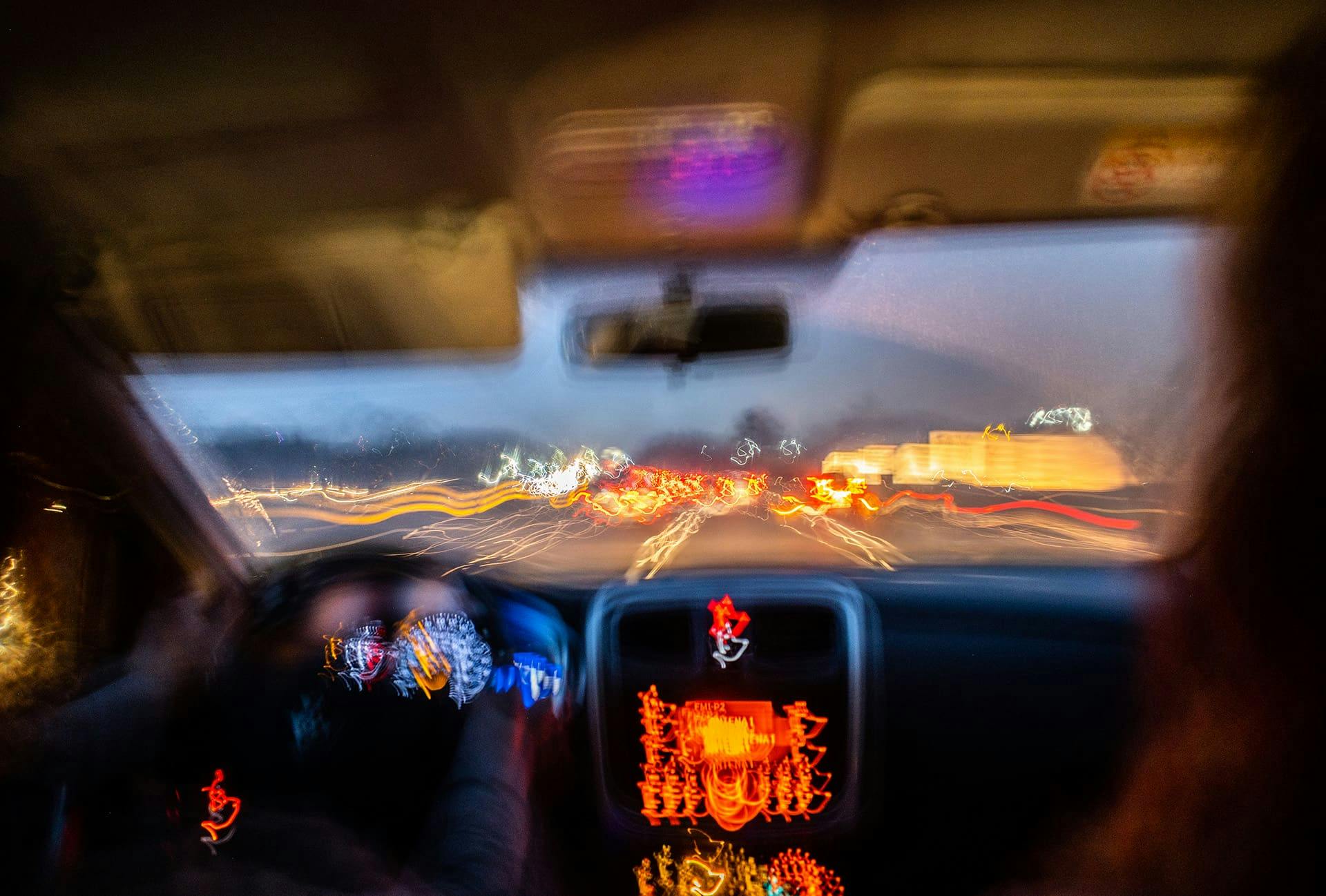 Blurry view from inside a car