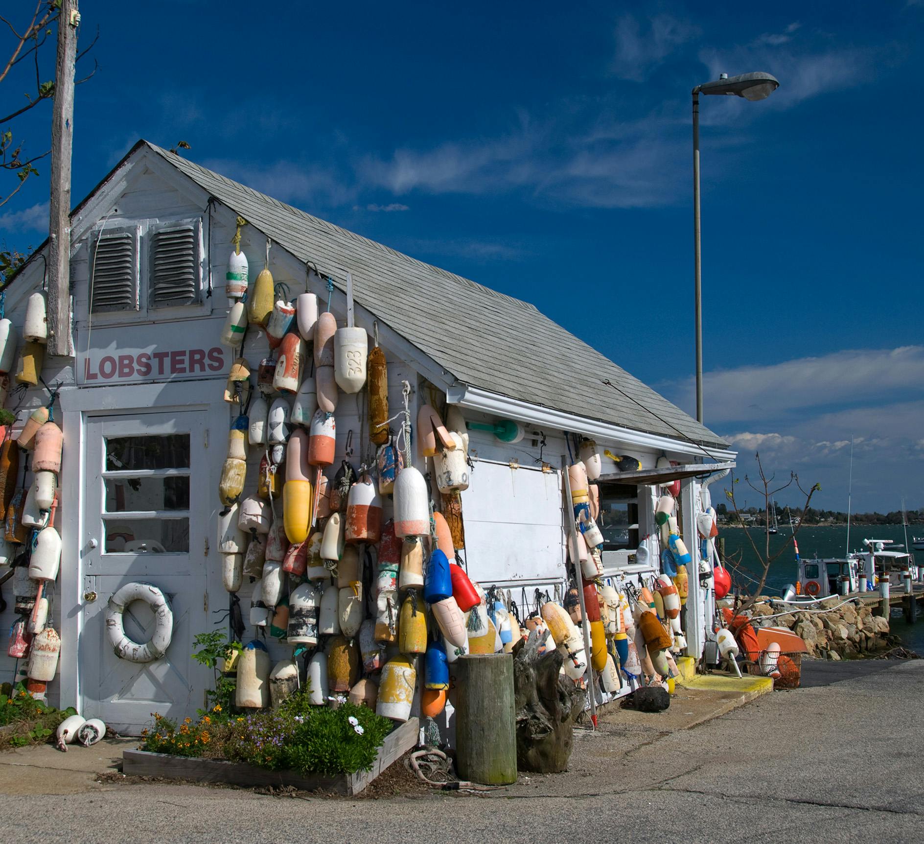 Shack on the water with a sign that says lobsters