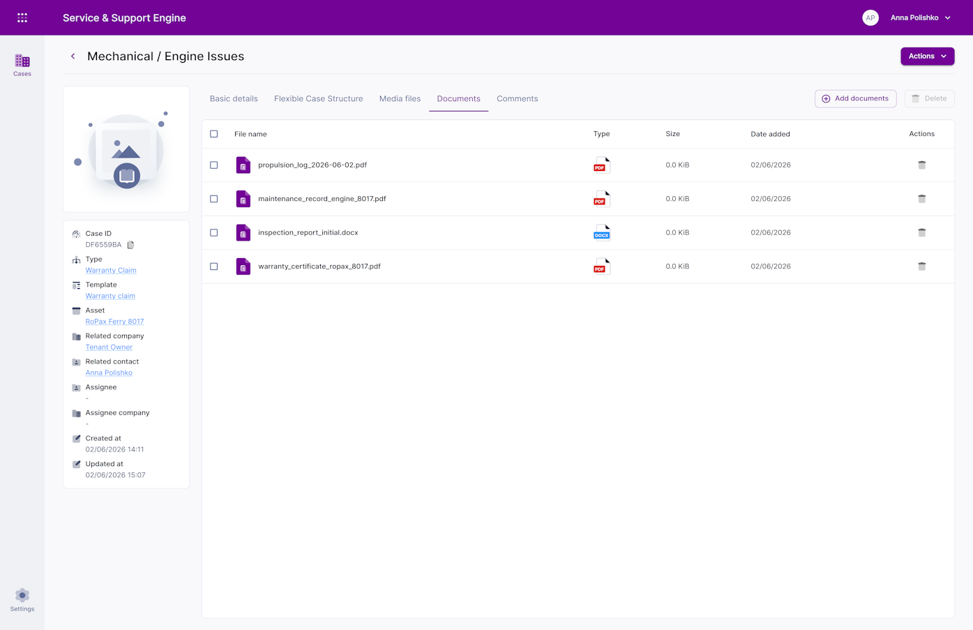 SSM Document Management Document management interface in SSM for asset documentation