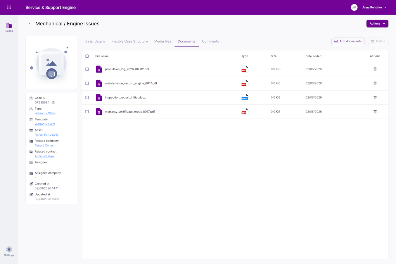 Document management interface in SSM for asset documentation