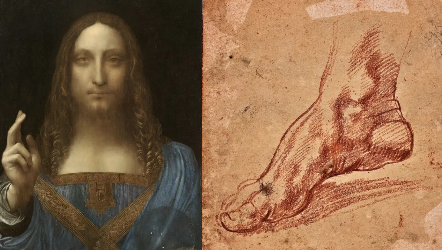 Da Vinci’s Salvator Mundi (ca. 1499-1510) and Michelangelo’s study of a foot for the Libyan Sibyl on the Sistine Chapel ceiling.