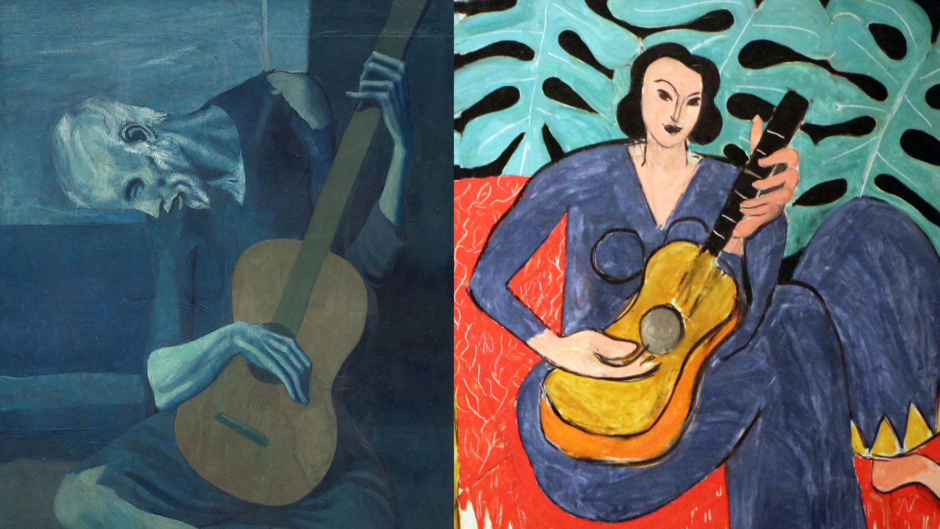 Picasso’s The Old Guitarist (1903-04) and Matisse’s La Musique (1939).