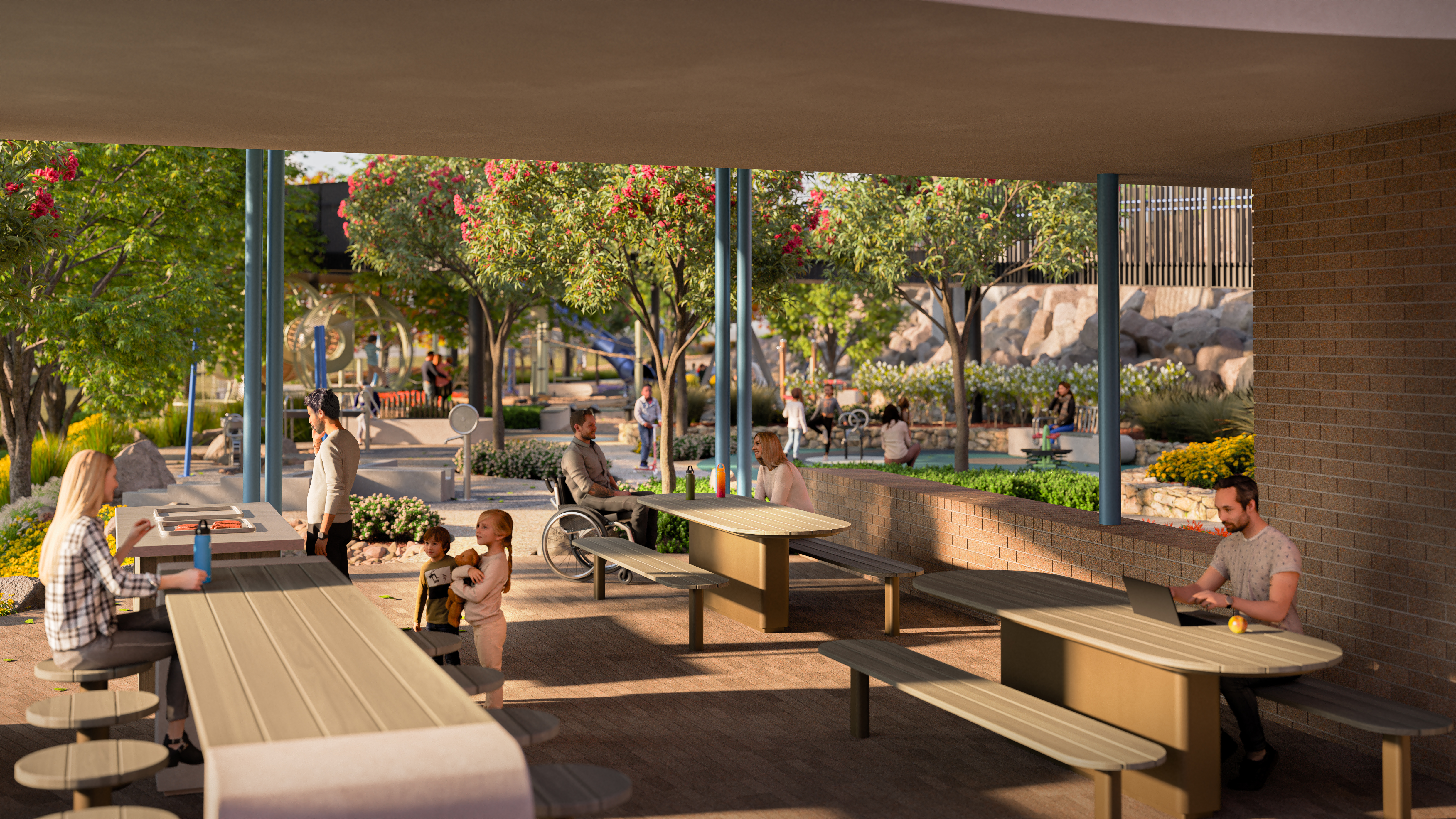 Render of people enjoying barbecue facilities at Denman Village Park.