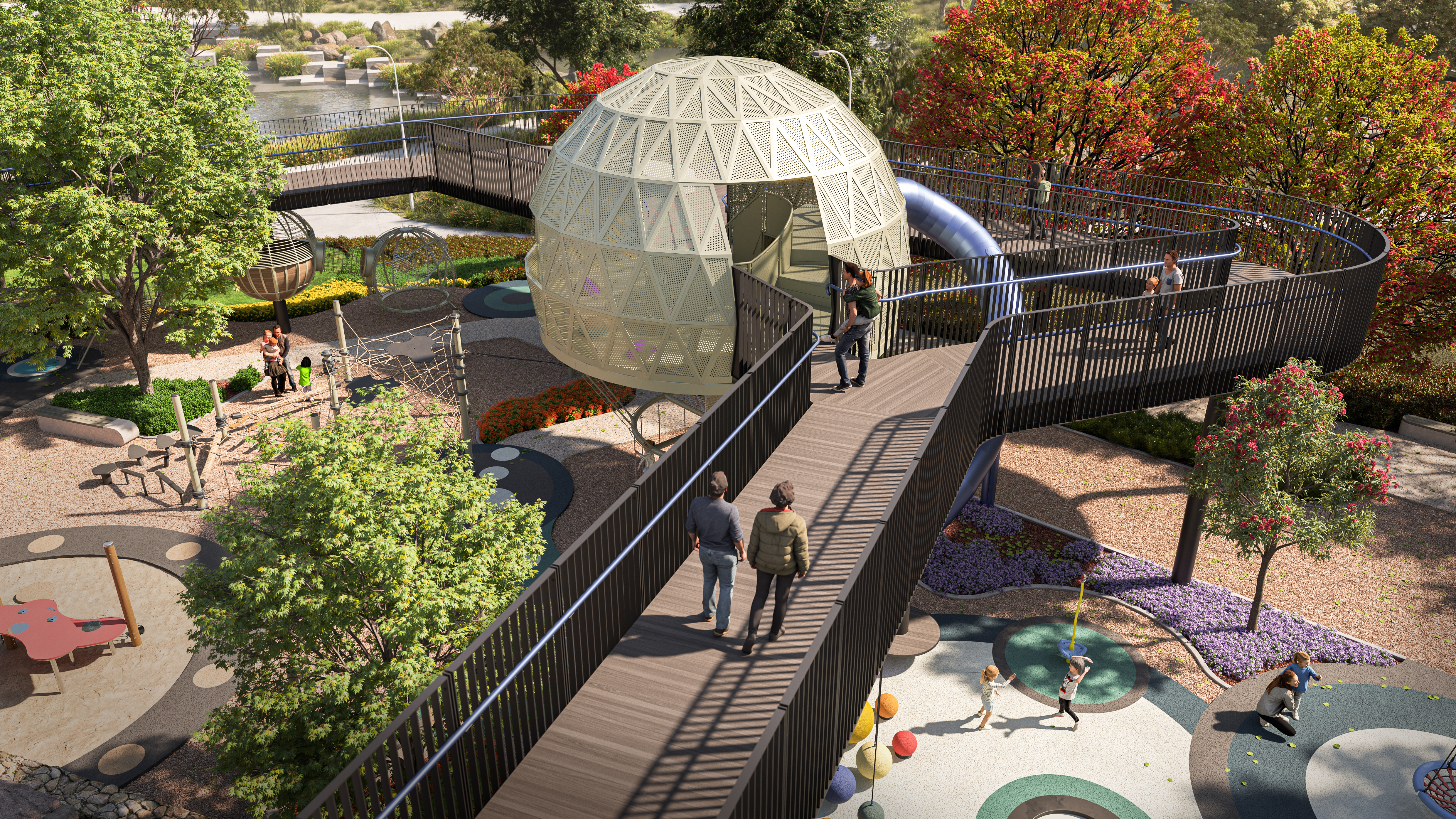 Render of people walking along the elevated boardwalk at Denman Village Park.