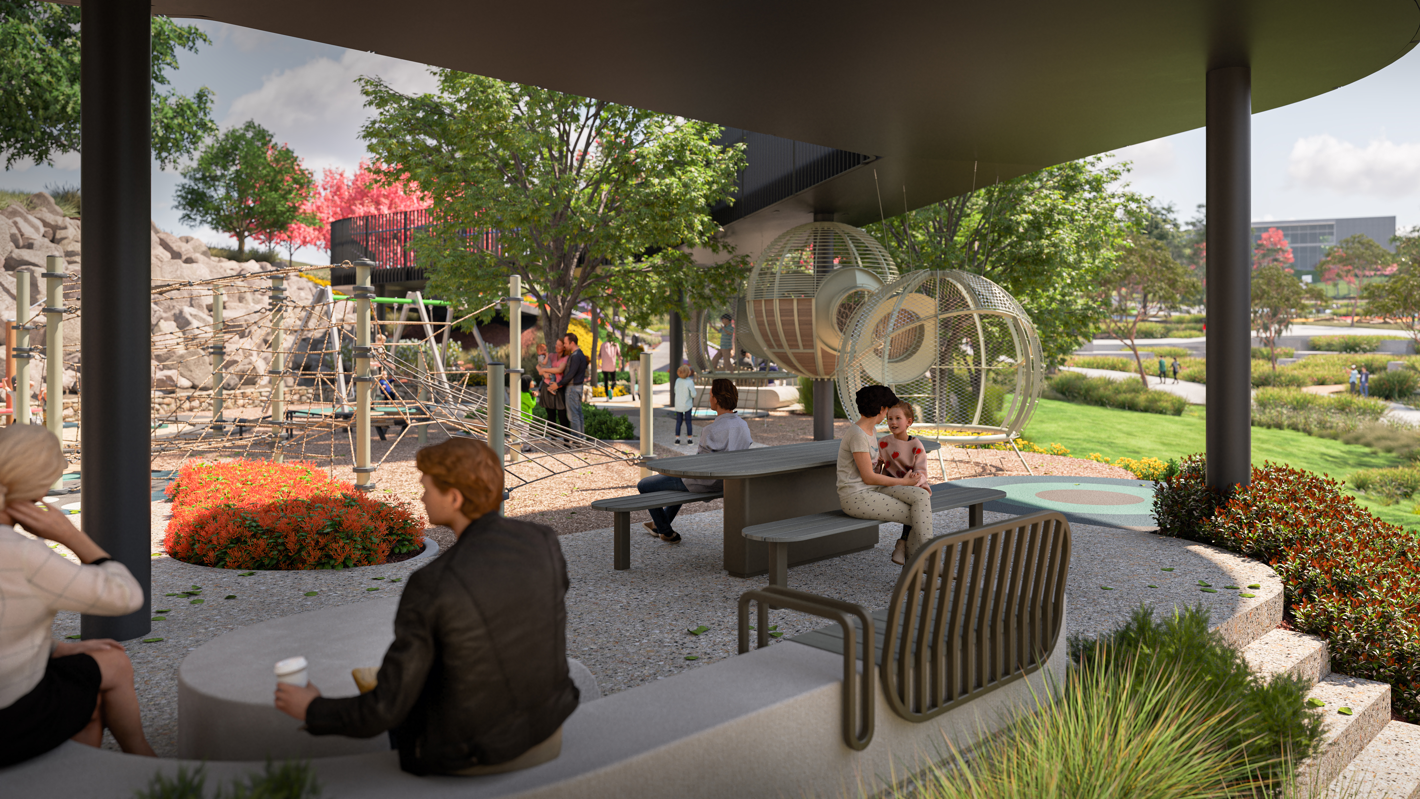 Render of people enjoying the shaded areas at Denman Village Park.