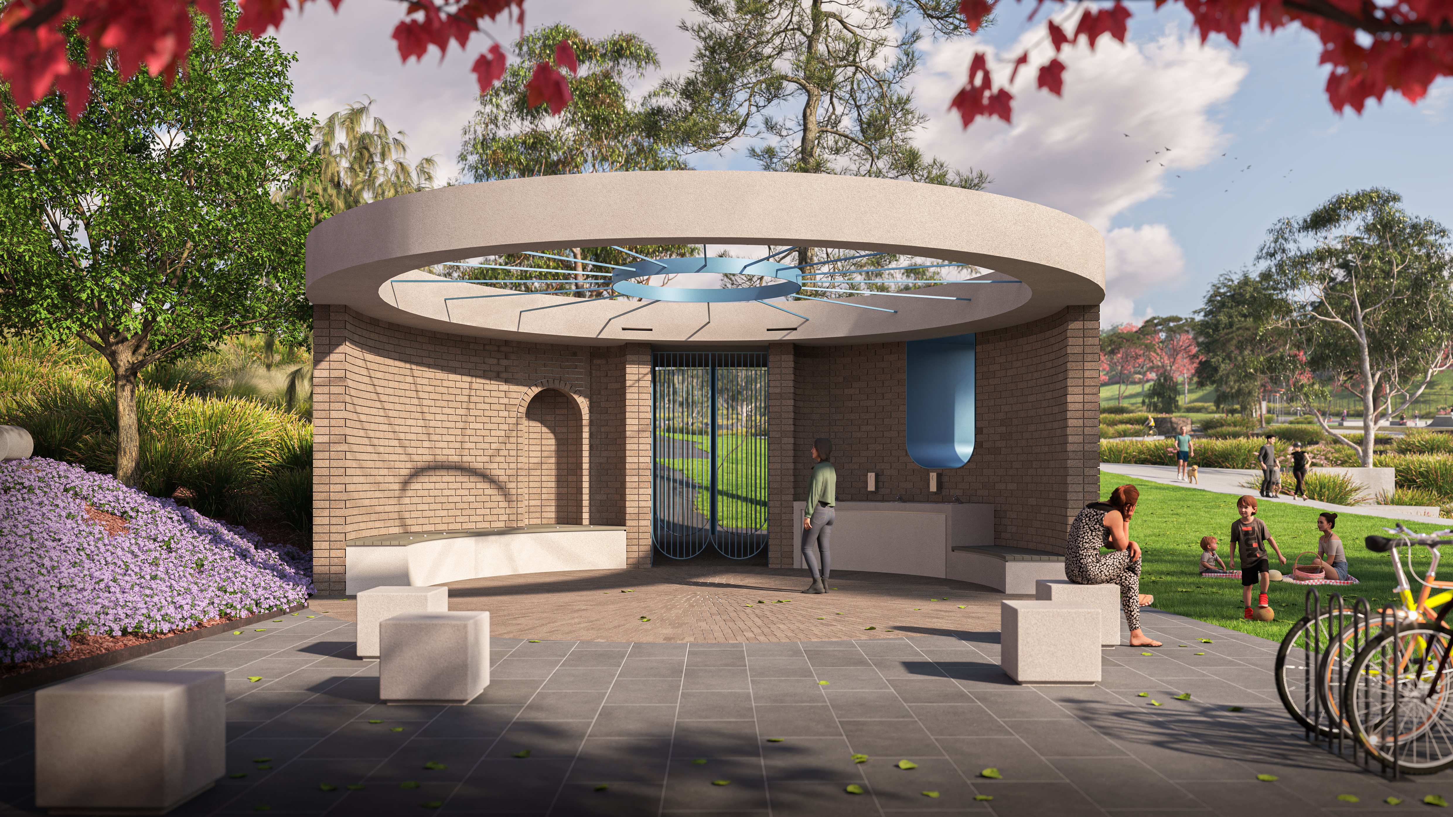 Render of the Canberra bus stop inspired toilet block at Denman Village Park.