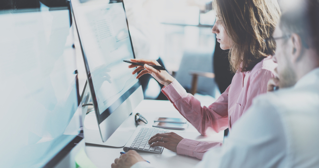 A woman and mas assessing financial records on a computer monitor