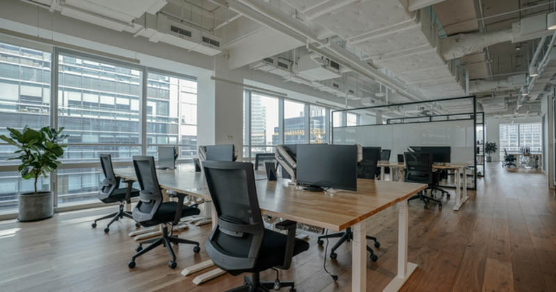 modern office space with timber floors and large windows