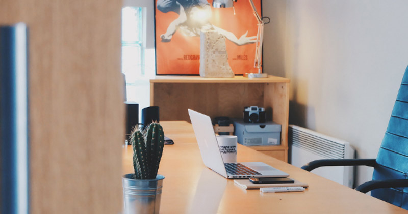 large vacant desk with laptop and cactus plant