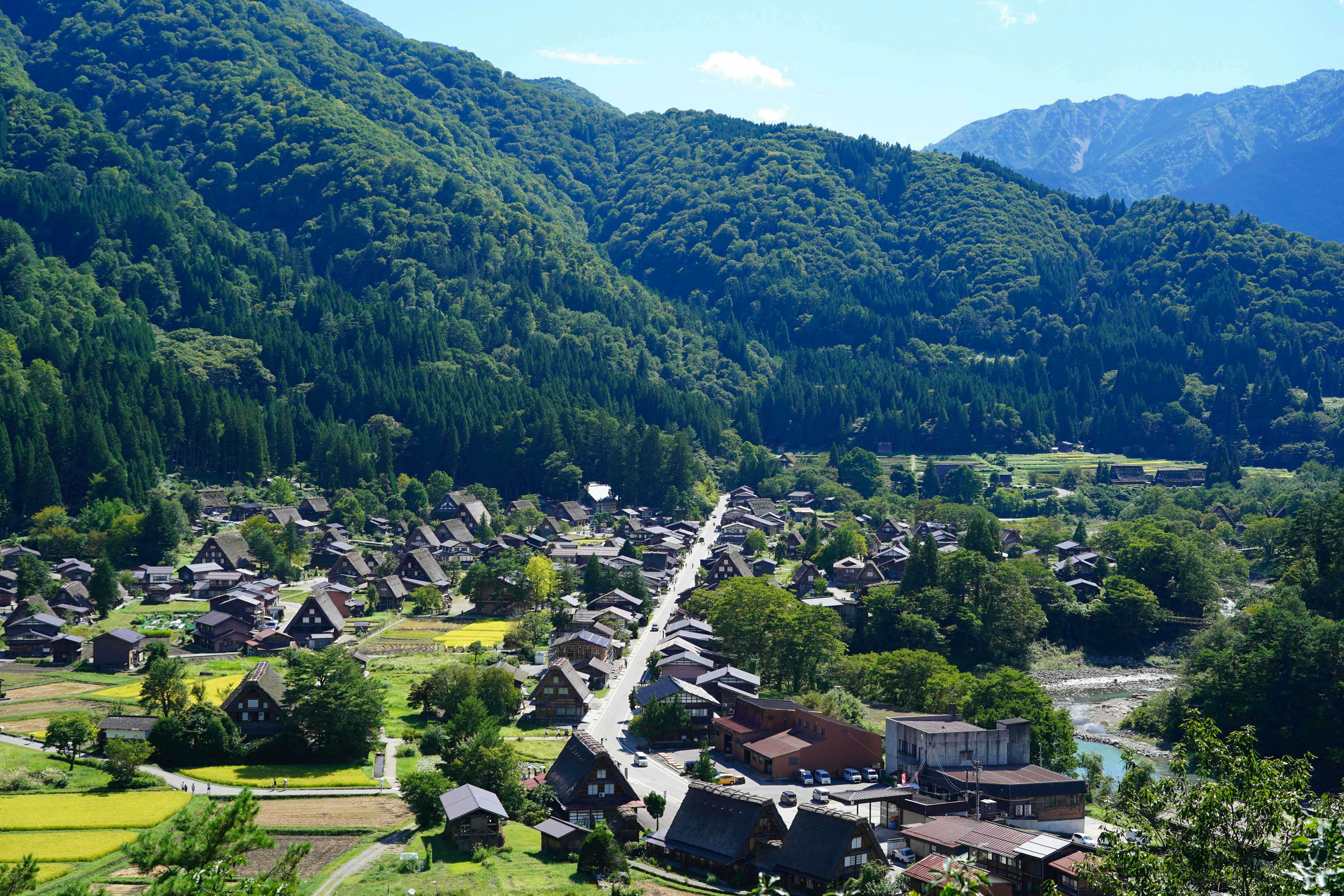 Shirakawa-go, Japón Vista panorámica de Shirakawa-go, con casas tradicionales gassho-zukuri entre montañas boscosas.