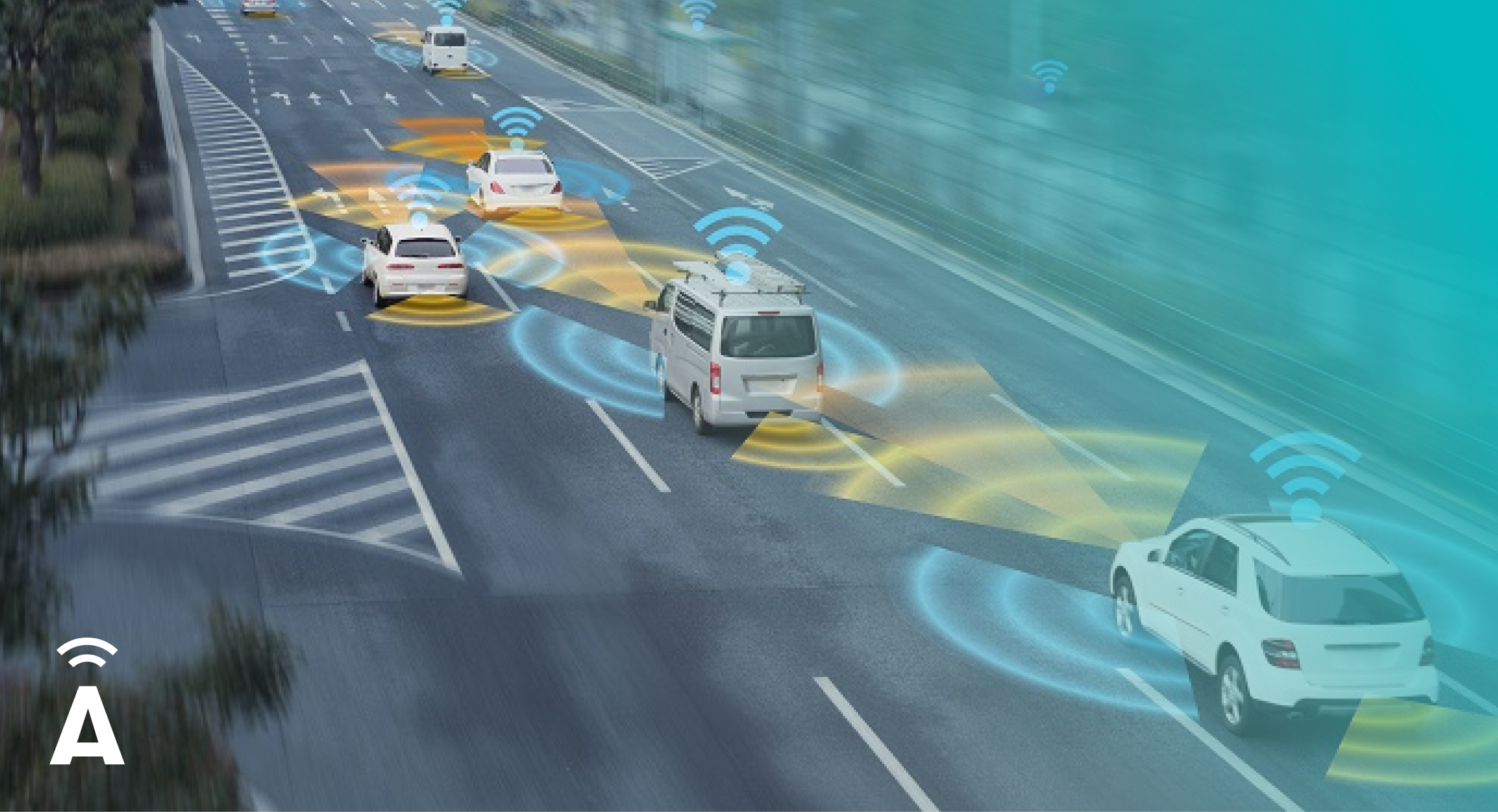 Vehicles on road with tech graphics