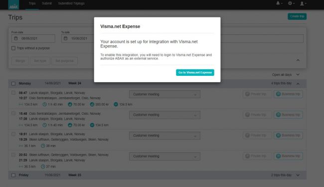 Visma.net Expense integrert med din  kjørebok