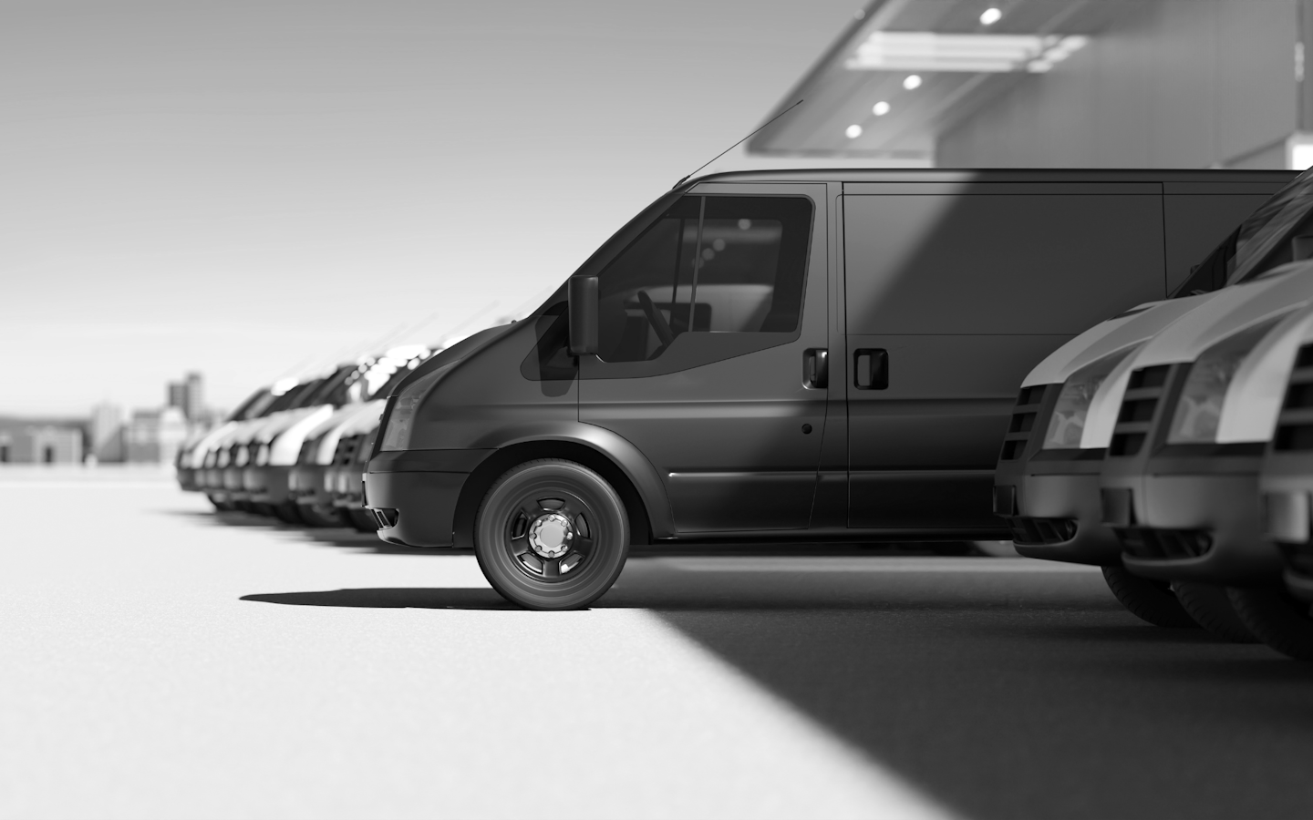 Van fleet in a row - black and white