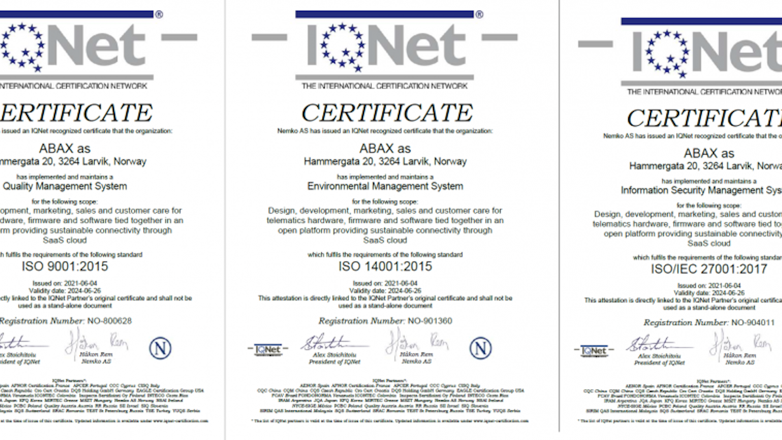 ABAX tildelt tre ISO-sertifiseringer i 10 år på rad