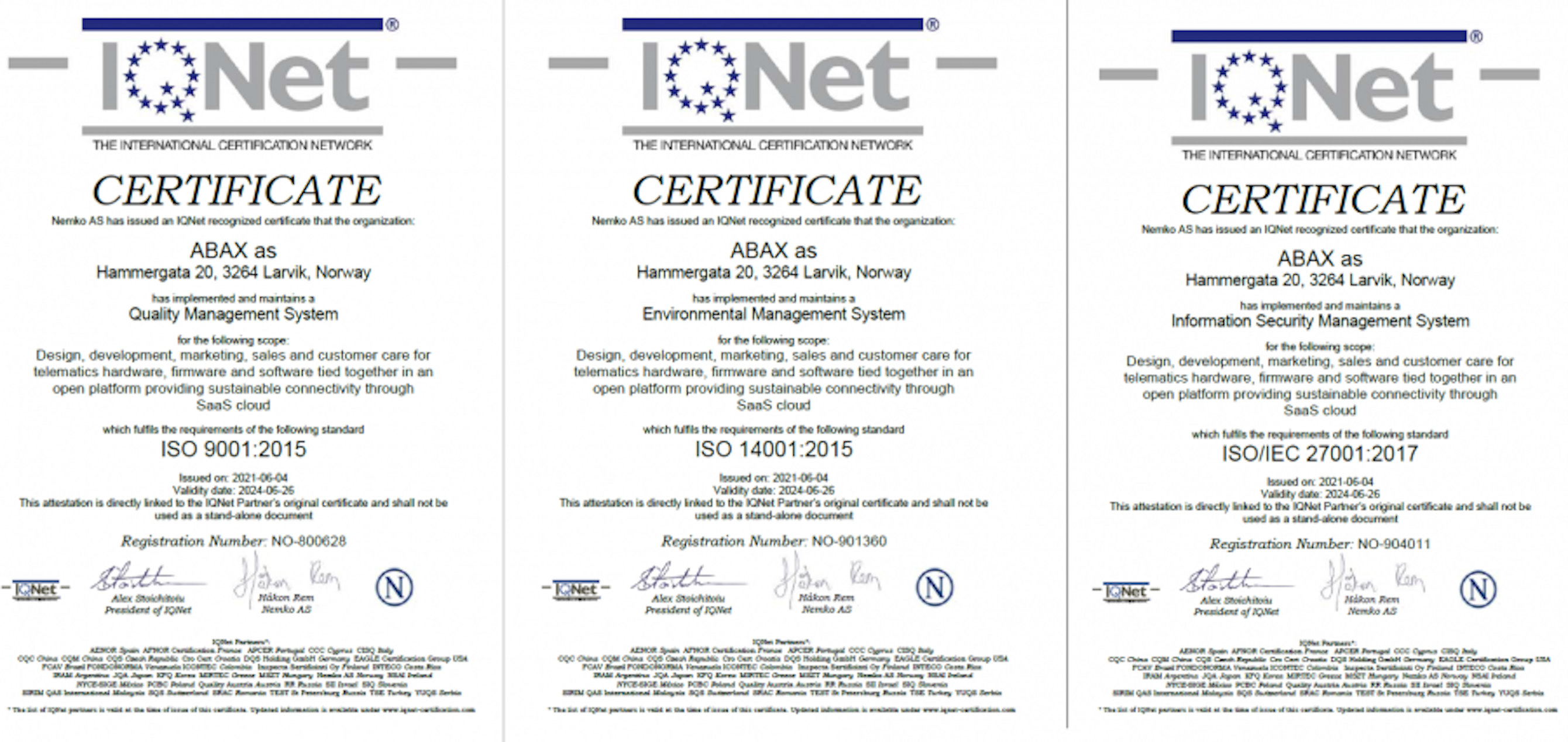 ABAX awarded three ISO certifications for 10 years in a row