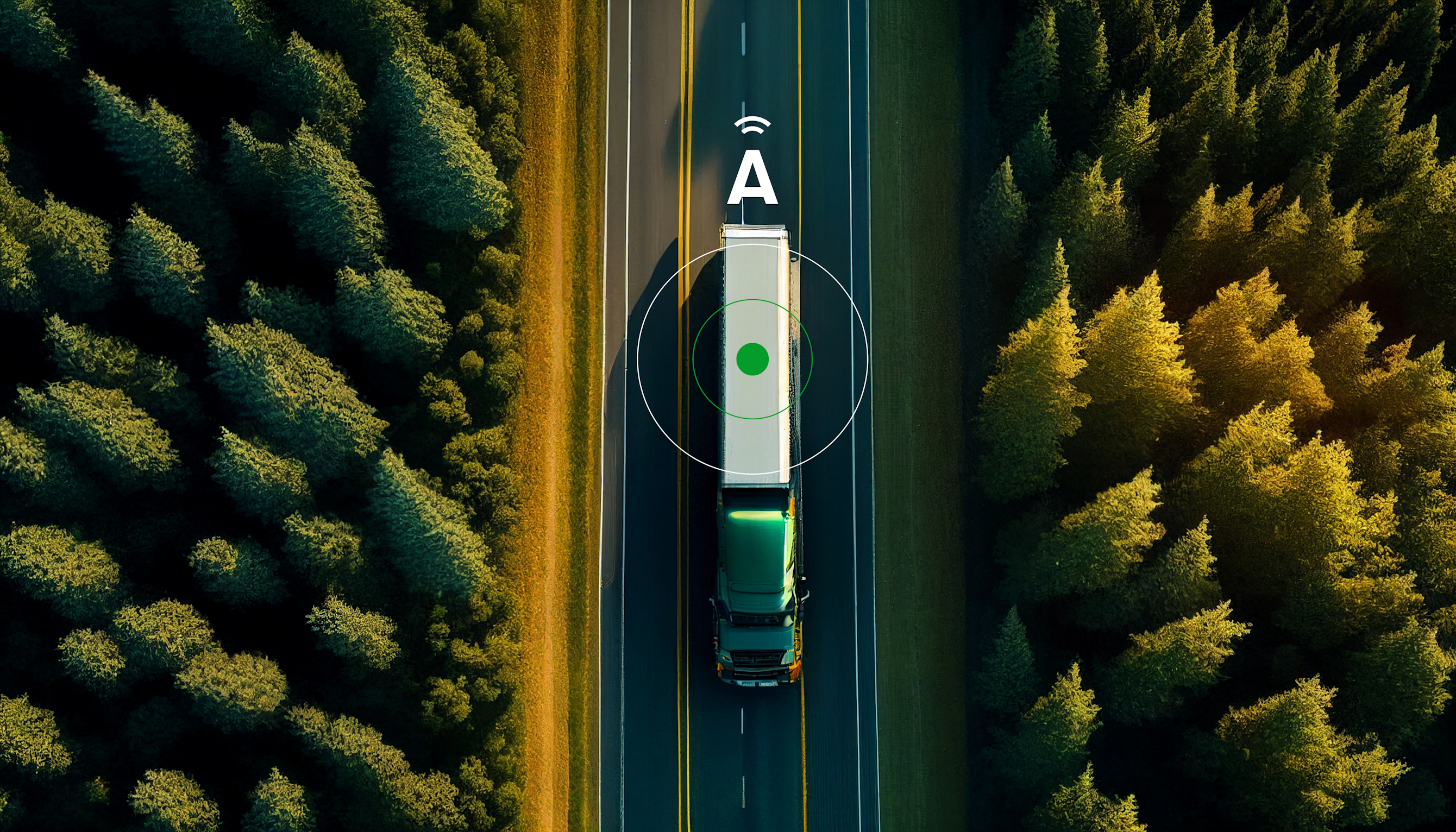 Lorry driving through trees with signal graphic