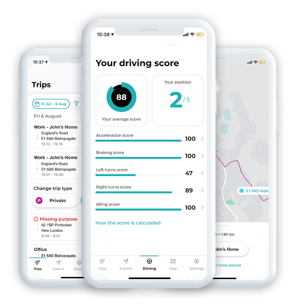 Screenshot of the ABAX Driver App showing the driving score
