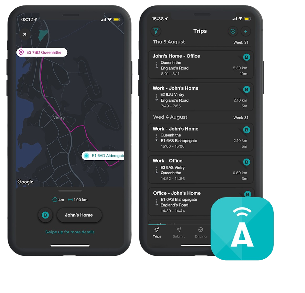 Screenshot of ABAX Driver apps trip and map view