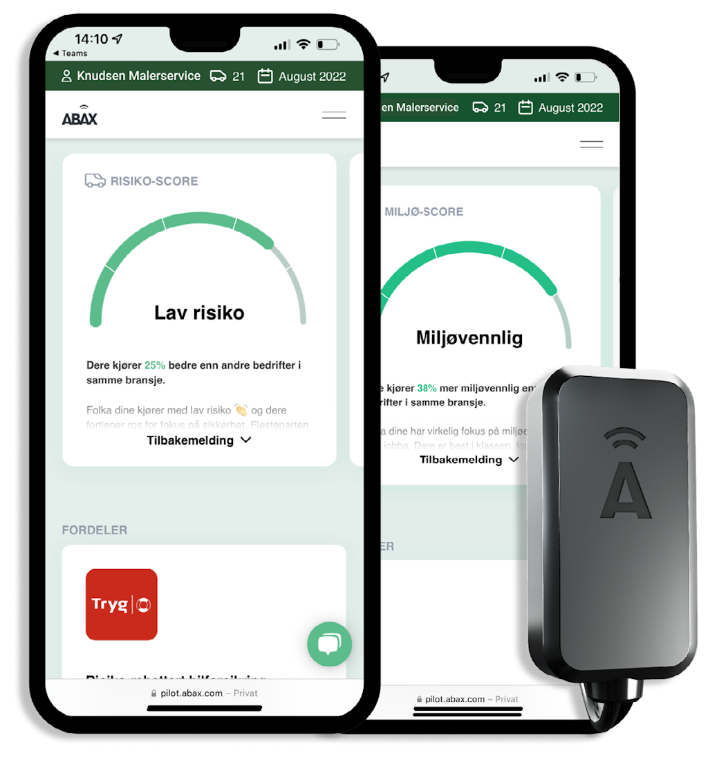 ABAX Trygg forsikringstilbud på to mobilskjermer med hardware