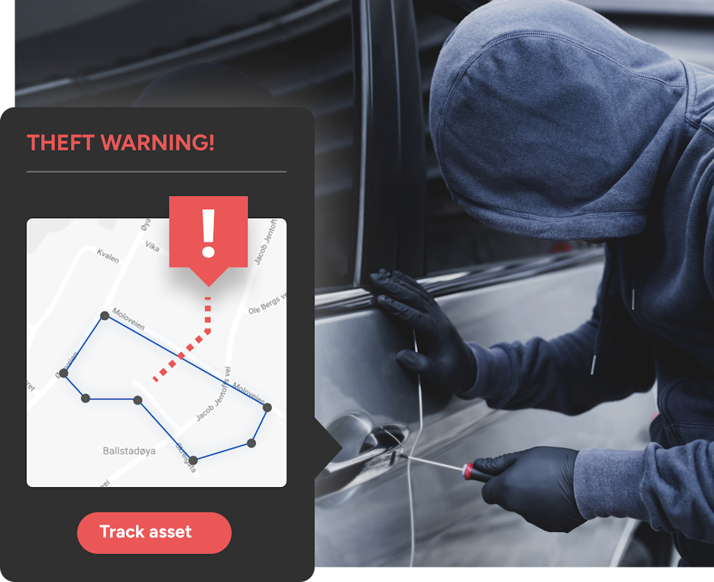 Man breaking into van with theft warning graphic overlay