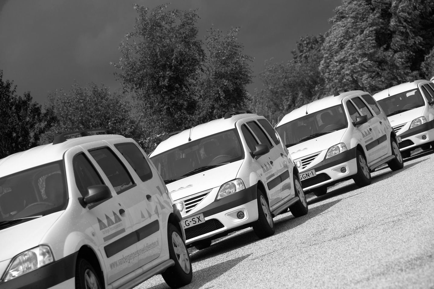 AUB van Bergen white vehicles in line