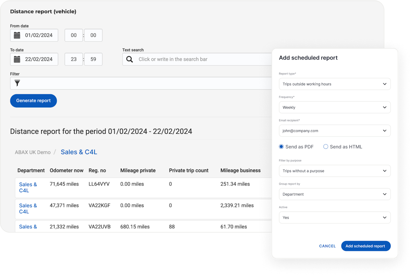 Screenshots van rapporten uit de ABAX app die automatische ritregistraties door het trackingsysteem tonen. Gebruikers kunnen zelf instellen hoe vaak rapporten automatisch worden opgemaakt en doorgestuurd.