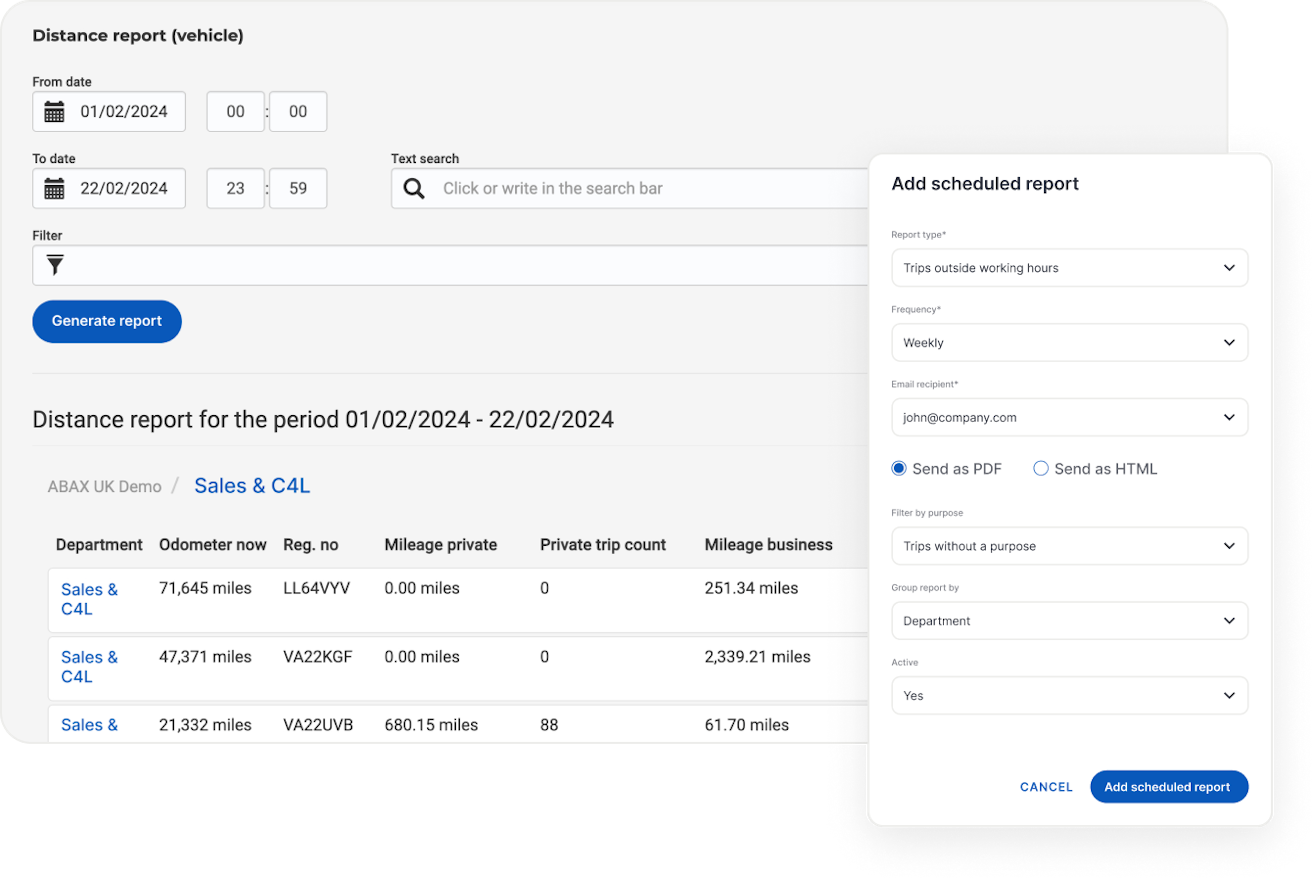 Screenshots van rapporten uit de ABAX app die digitale kilometerregistraties door het fleet tracking-systeem tonen. Gebruikers kunnen zelf instellen hoe vaak rapporten automatisch worden opgemaakt en doorgestuurd.