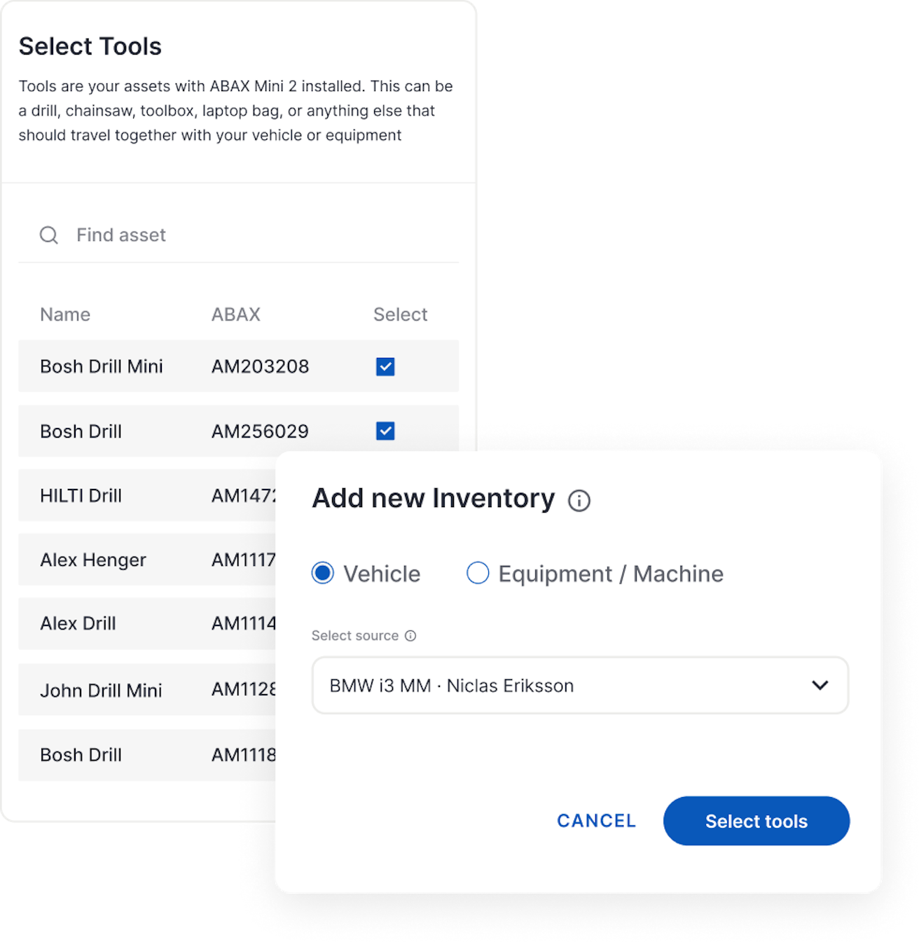 Screenshot of the inventory management report on the ABAX app