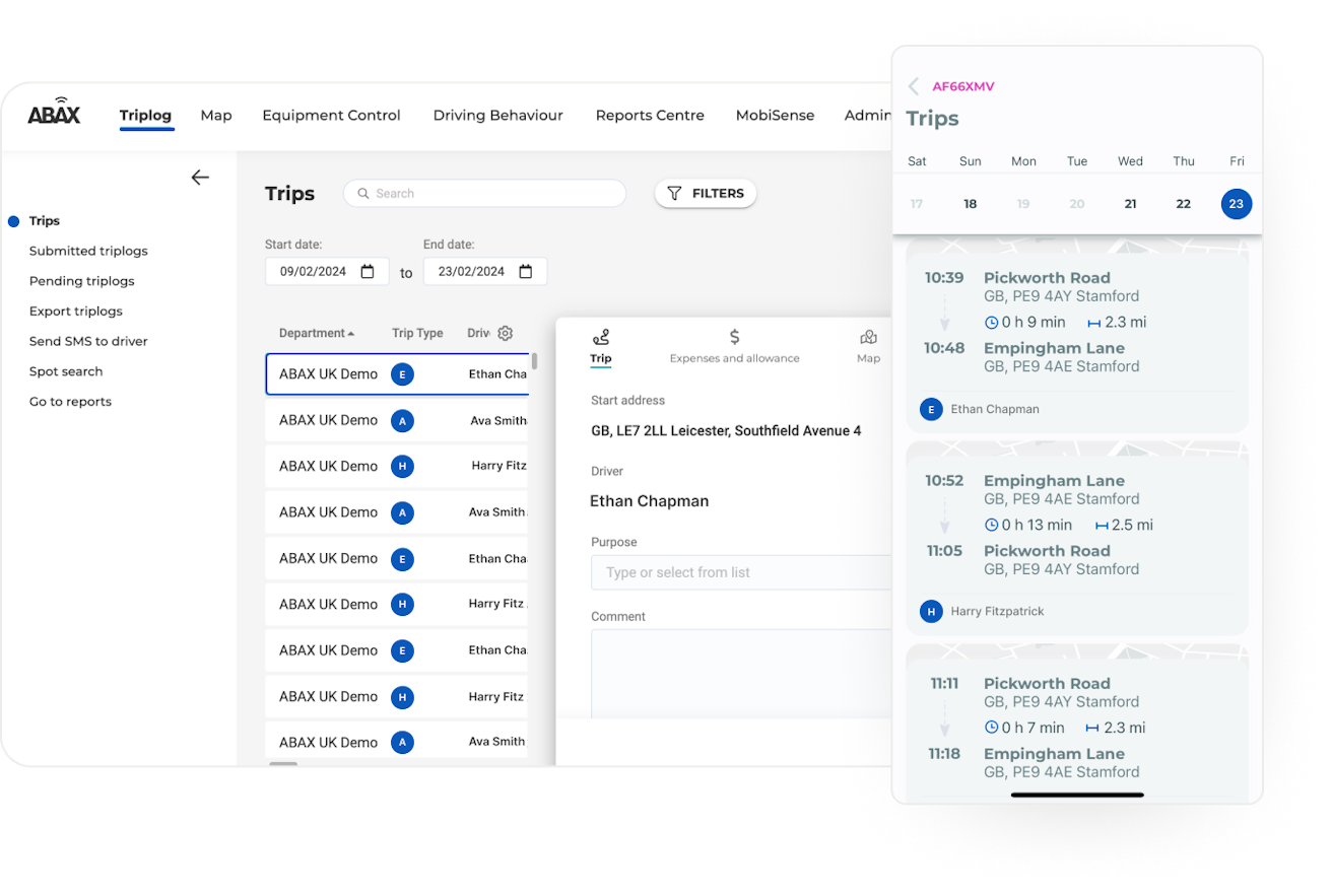 Screenshots van rapporten uit de ABAX app die digitale kilometerregistraties door het fleet tracking-systeem tonen. Gebruikers kunnen zelf instellen hoe vaak rapporten automatisch worden opgemaakt en doorgestuurd.