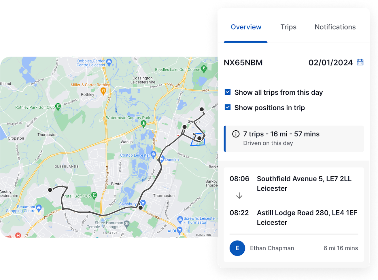 Screenshots van rapporten uit de ABAX app die digitale kilometerregistraties door het fleet tracking-systeem tonen. Gebruikers kunnen zelf instellen hoe vaak rapporten automatisch worden opgemaakt en doorgestuurd.