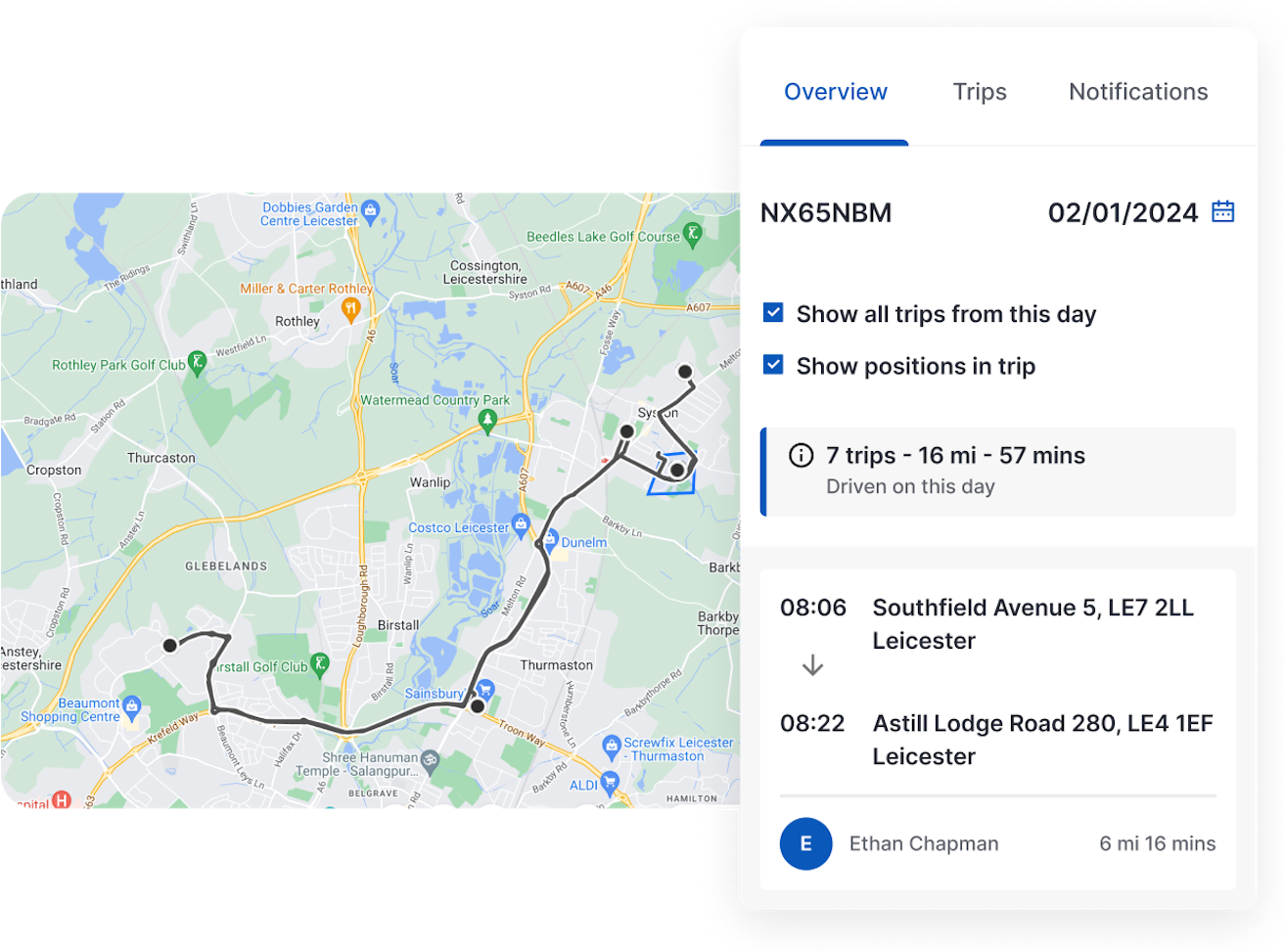 GPS route on map, showing company car journey, taken from the ABAX map