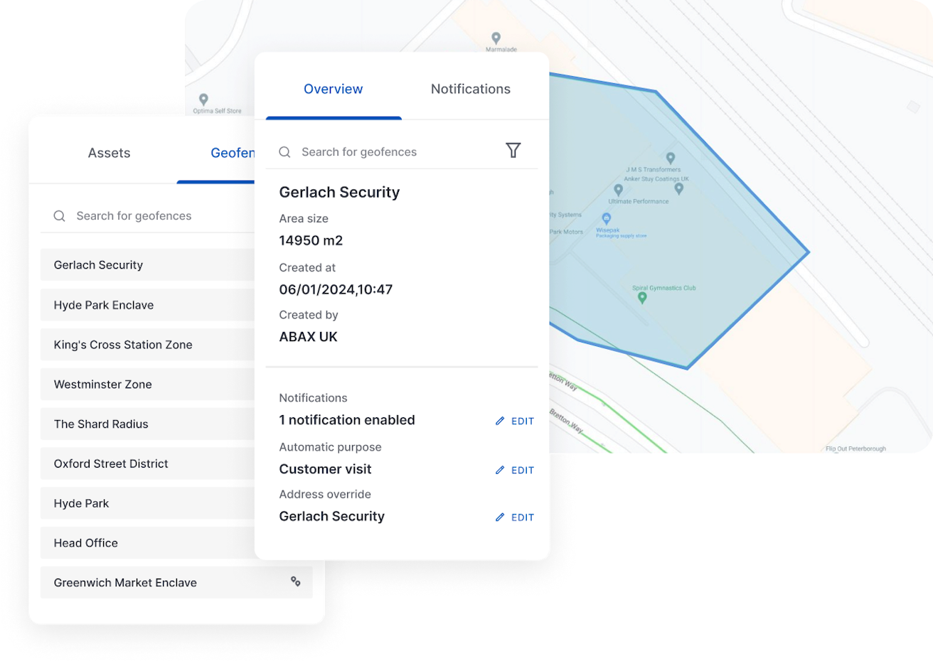 Zrzut ekranu z funkcją geofence w aplikacji ABAX