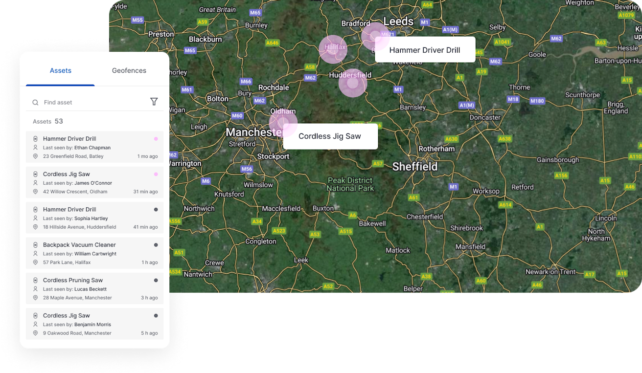 Skærmbillede af ABAX-appen, der viser et kort med placeringer af tilsluttede værktøjer