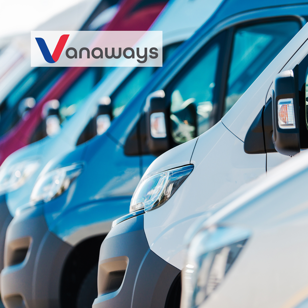Different colour vans in a row with Vanaways logo