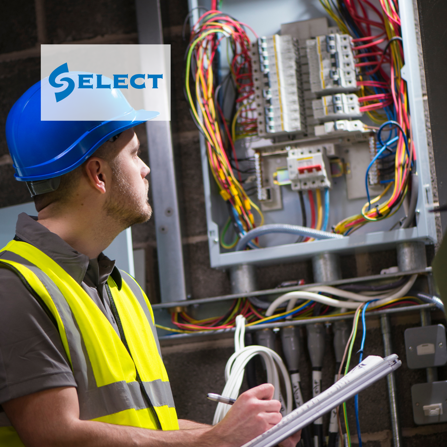 Electrician in high vis looking at circuit board with Select logo