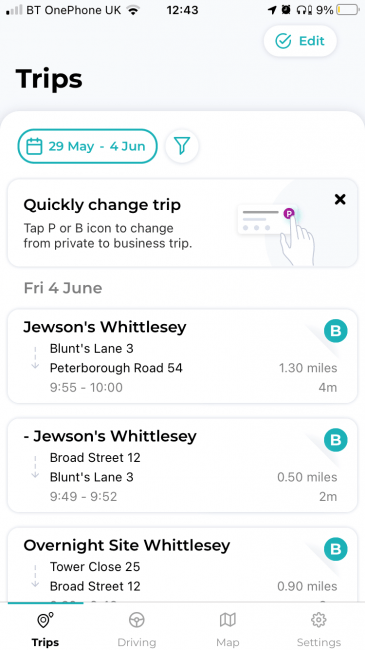ABAX Driver App Trips Menu
