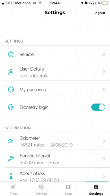 ABAX Driver App Settings Menu