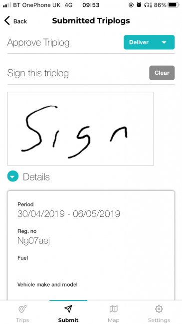 ABAX Driver App Submit Mileage Claim Signature