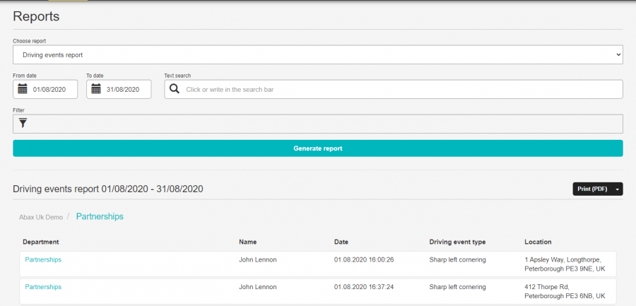 Driving Events Reports