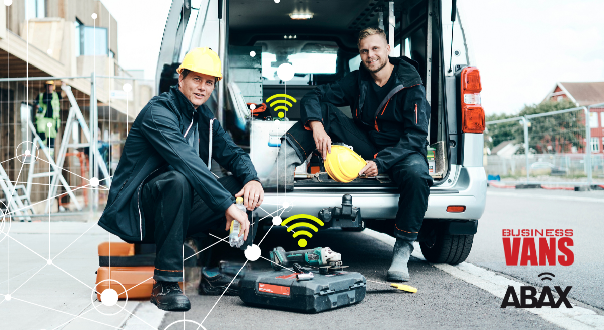 Two builders in back on van with tools and data network graphics overlay.