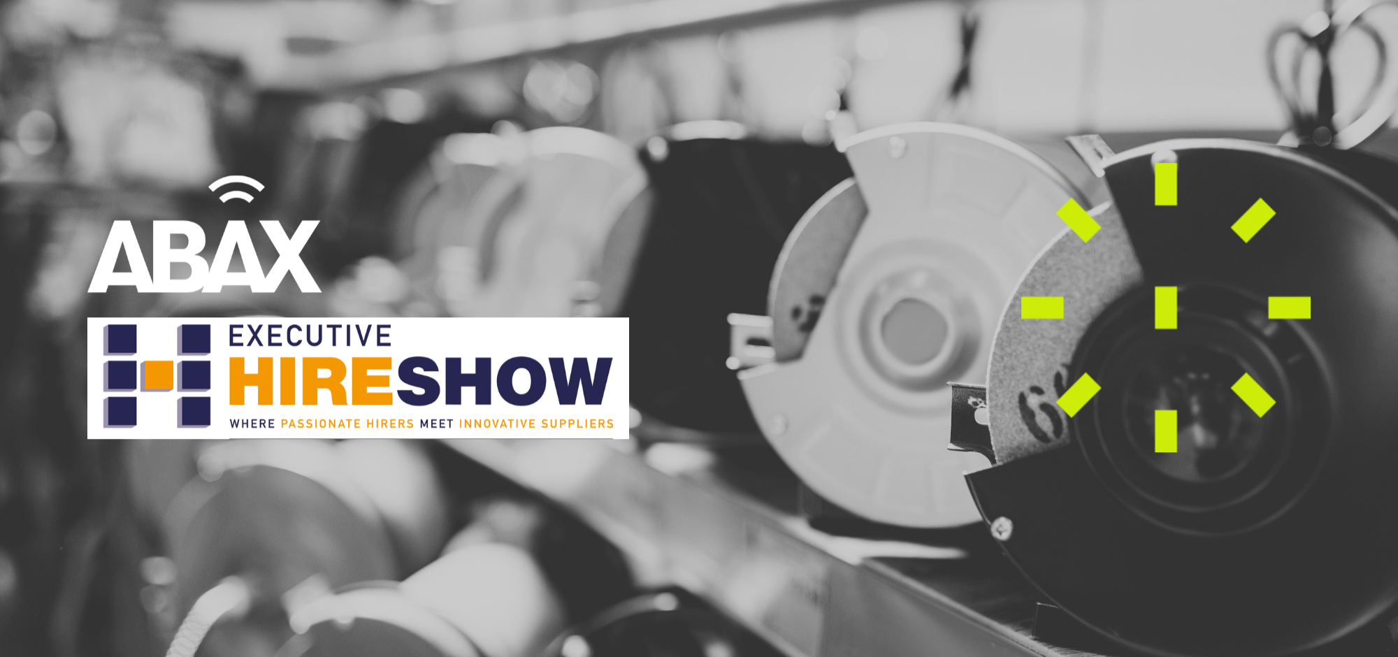Black and white picture of disc cutters lined up with ABAX logo and EHS logo