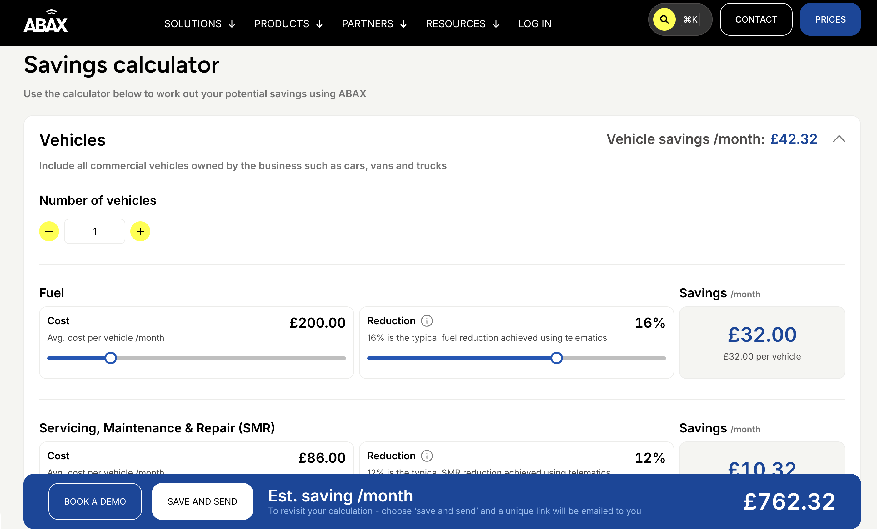 ABAX savings calculator located on our website showing estimated savings